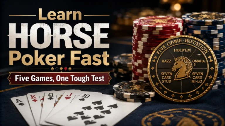 HORSE poker cover image with poker chips, playing cards, and five-game rotation medallion for a mixed games guide