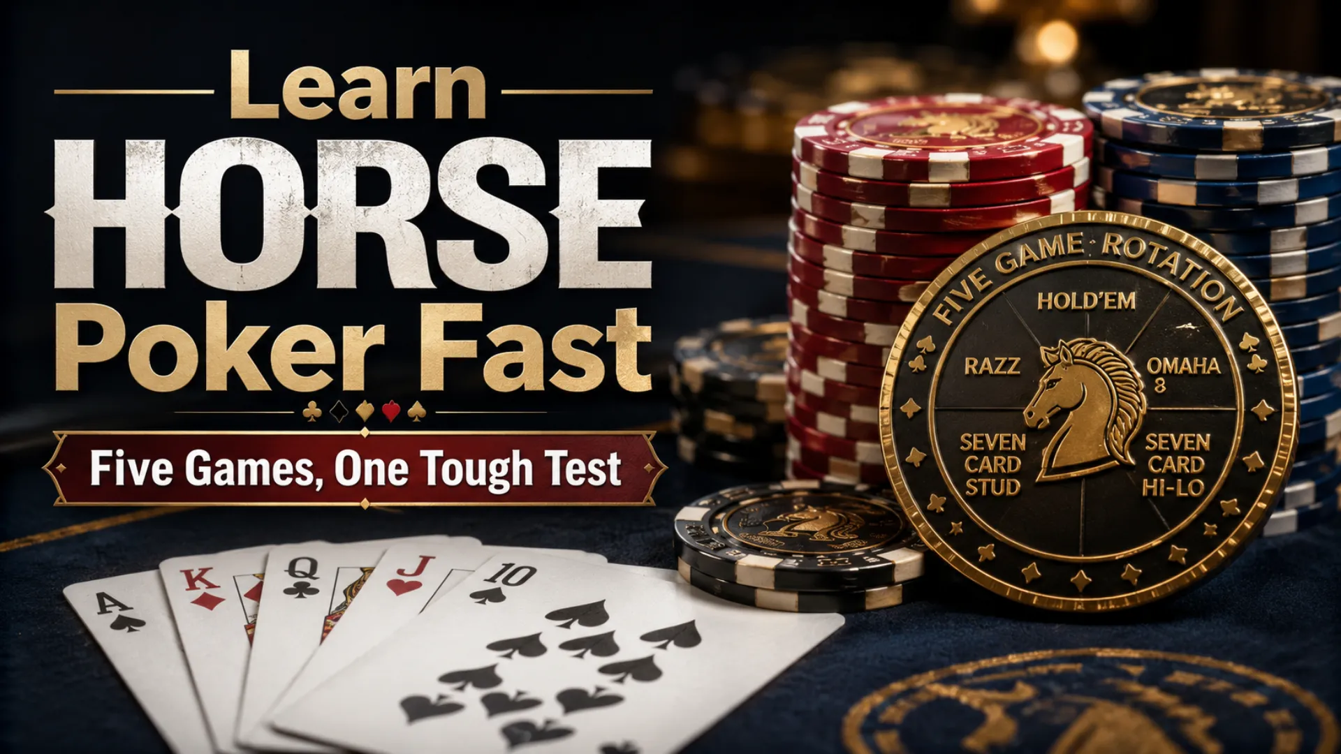 HORSE poker cover image with poker chips, playing cards, and five-game rotation medallion for a mixed games guide