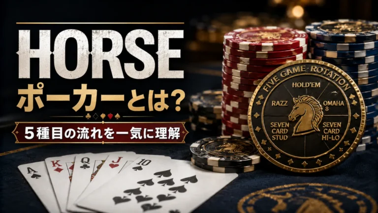HORSEポーカーのカバー画像。チップ、トランプ、5種目ローテーションのメダルでミックスゲームを紹介