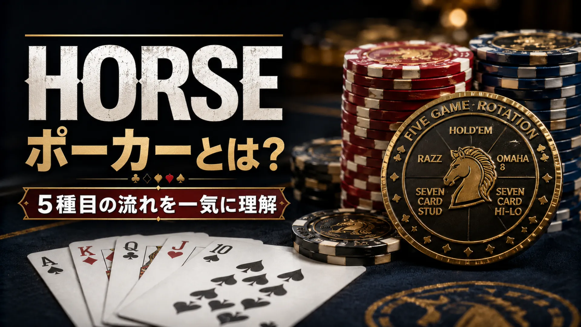 HORSEポーカーのカバー画像。チップ、トランプ、5種目ローテーションのメダルでミックスゲームを紹介
