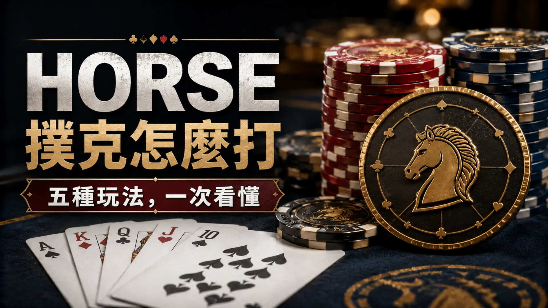 HORSE撲克封面圖，包含籌碼、撲克牌與五種玩法輪換徽章，介紹混合撲克玩法
