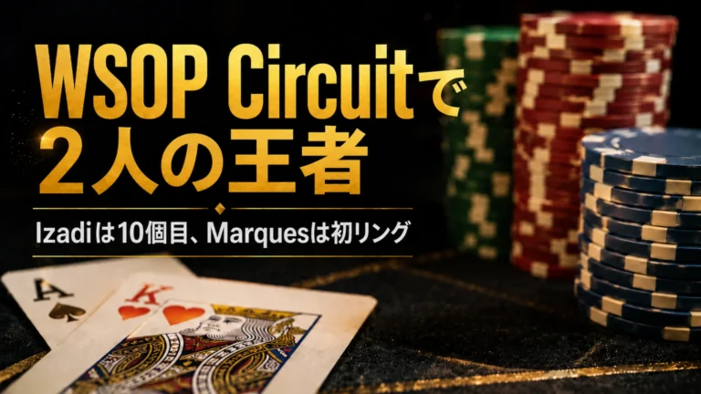 WSOP Circuitで2人の王者を伝えるポーカーチップとカードのカバー画像、Hamid IzadiとAnthony Marquesの優勝記事向け
