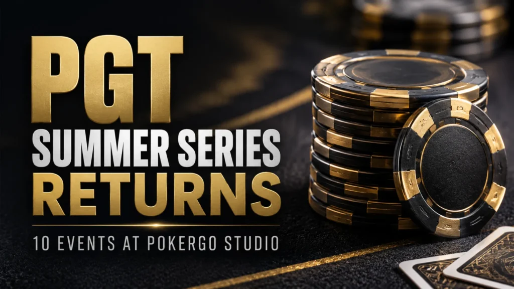 PGT Summer Series 2026 cover image with black-and-gold poker chips and schedule headline for 10 events at PokerGO Studio