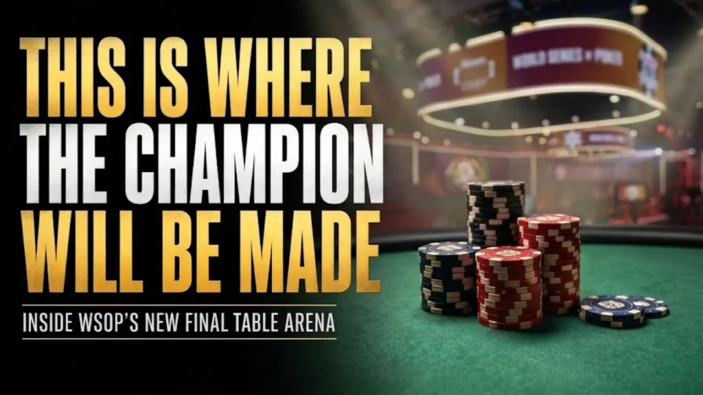 WSOP 2026 Main Event Final Table Arena cover image with poker chips, arena lights, and bold Japanese headline