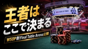 WSOP 2026 Main Event Final Table Arenaのカバー画像。ポーカーチップ、決勝ステージの照明、大きな日本語見出しを配置