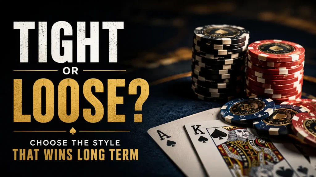Photorealistic poker strategy cover showing chips, cards, and the headline Tight or Loose for a tight vs loose poker style guide.