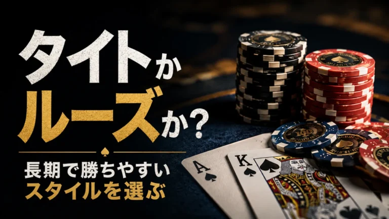 ポーカーチップとカードを背景に「タイトかルーズか？」の文字を配置した、タイト・ルーズ戦略ガイド用のカバー画像。