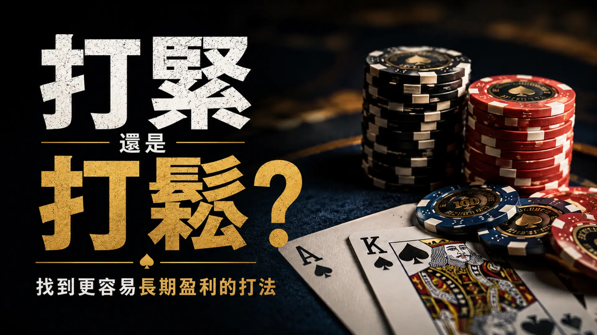德州撲克策略封面圖，畫面包含籌碼、撲克牌與「打緊還是打鬆？」標題，呈現緊式與鬆式打法選擇。