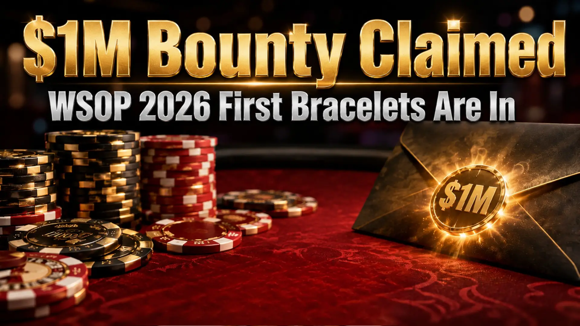 Photorealistic poker cover image showing a glowing $1M bounty envelope and poker chips for a WSOP 2026 week one recap.