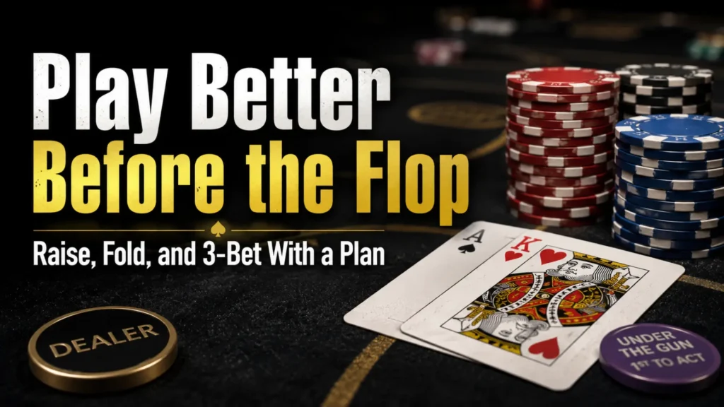 Texas Hold’em pre-flop strategy cover showing poker chips, hole cards, and bold headline text about raise, fold, and 3-bet decisions before the flop.