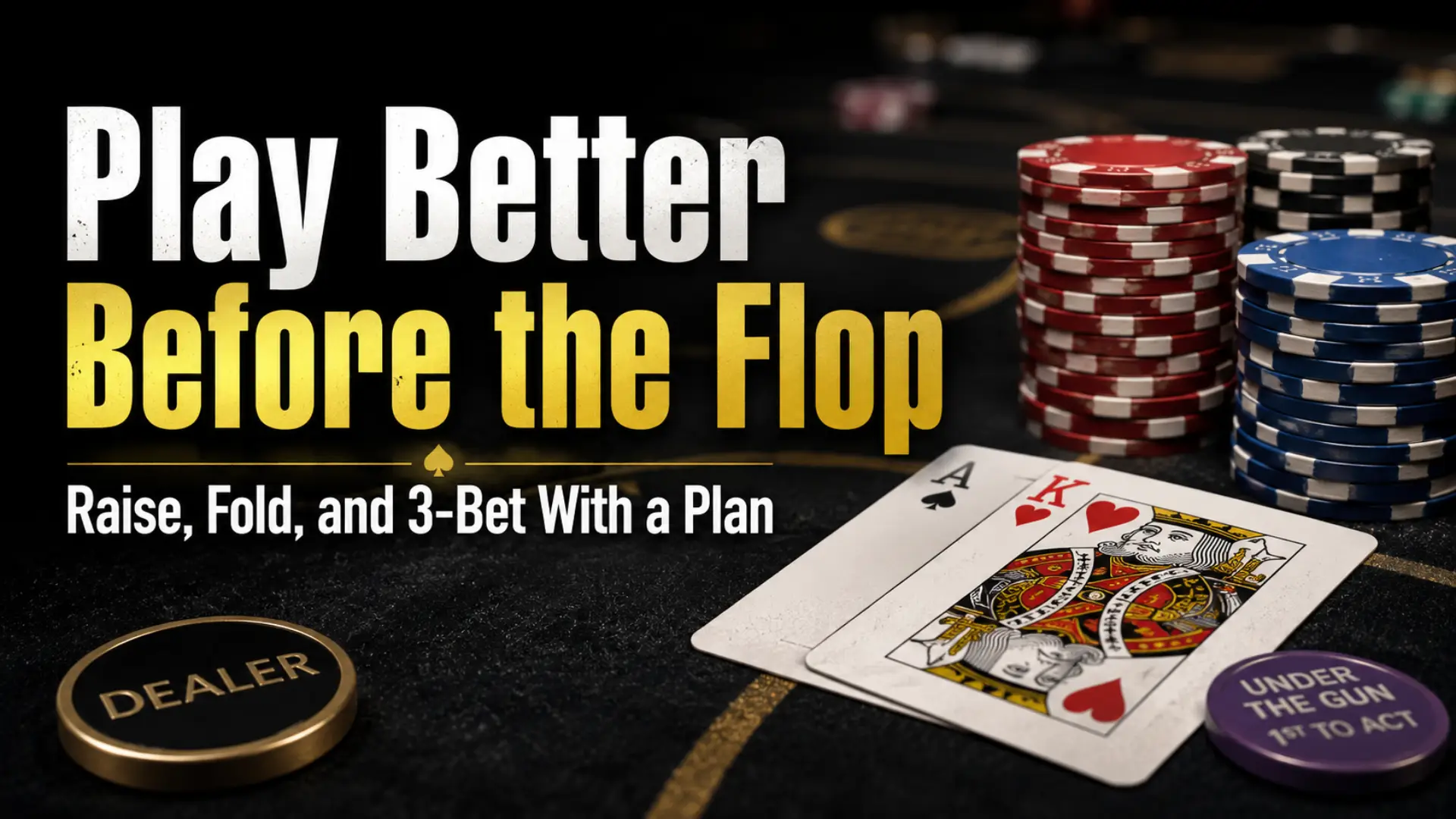 Texas Hold’em pre-flop strategy cover showing poker chips, hole cards, and bold headline text about raise, fold, and 3-bet decisions before the flop.