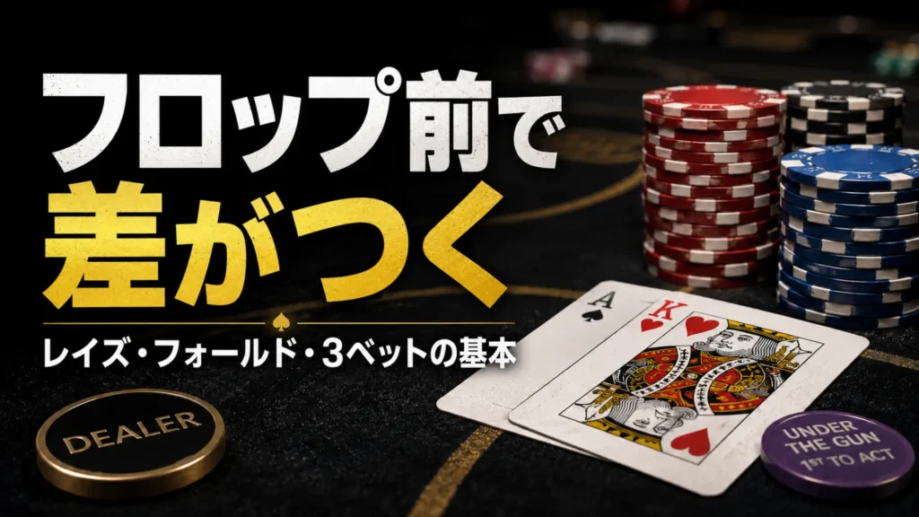 テキサスホールデムのプリフロップ戦略カバー画像。チップ、ホールカード、見出し文字でレイズ、フォールド、3ベット判断を表現。