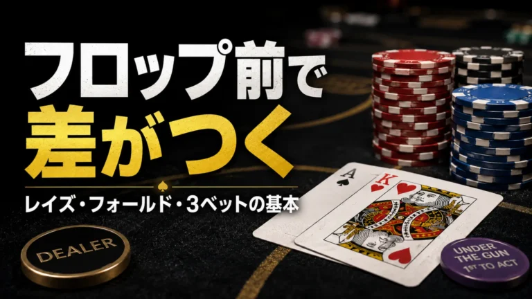 テキサスホールデムのプリフロップ戦略カバー画像。チップ、ホールカード、見出し文字でレイズ、フォールド、3ベット判断を表現。