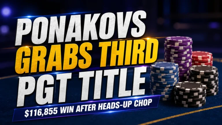 Poker news cover image for Aleksejs Ponakovs winning PGT Summer Series Event #5 with $116,855 prize text and poker chip stacks