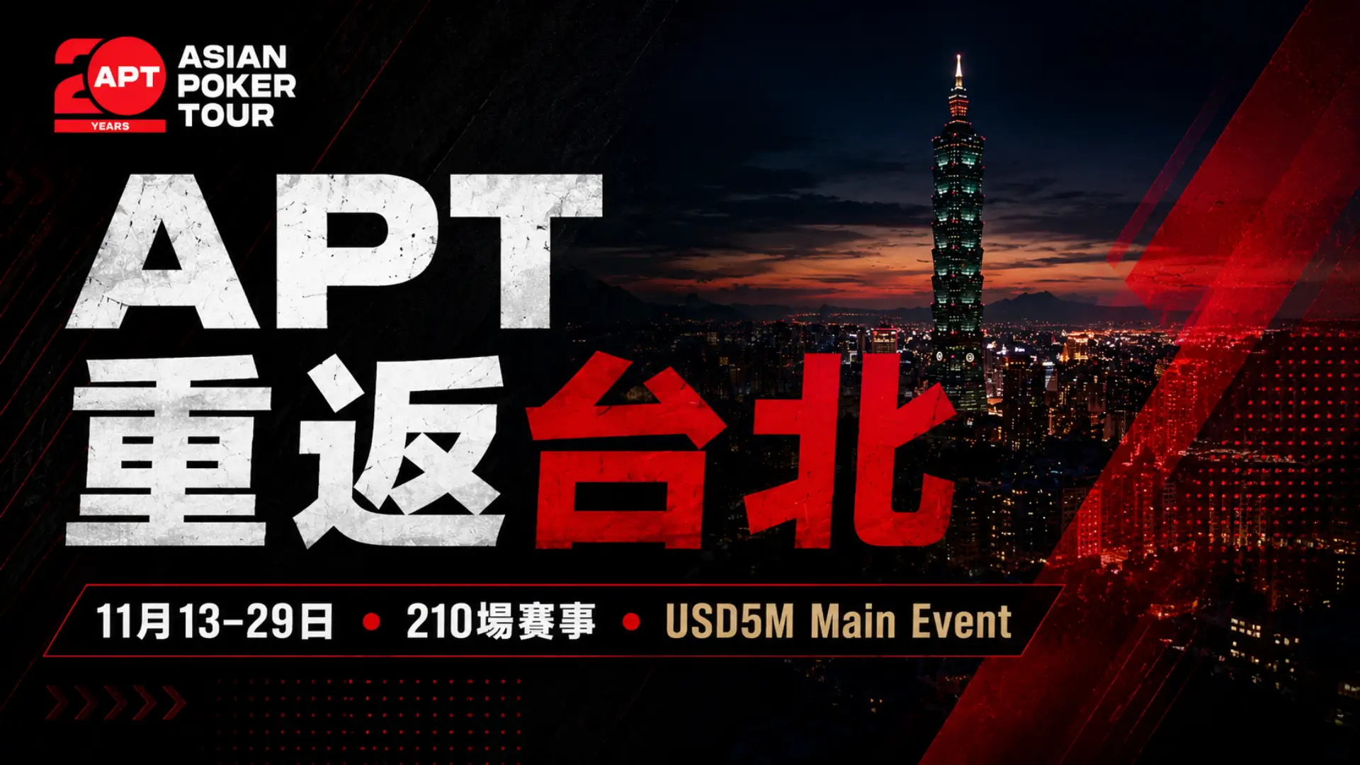 APT Championship 2026台北撲克系列賽封面圖，呈現台北101、11月13–29日賽程、210場賽事與USD5M保證Main Event