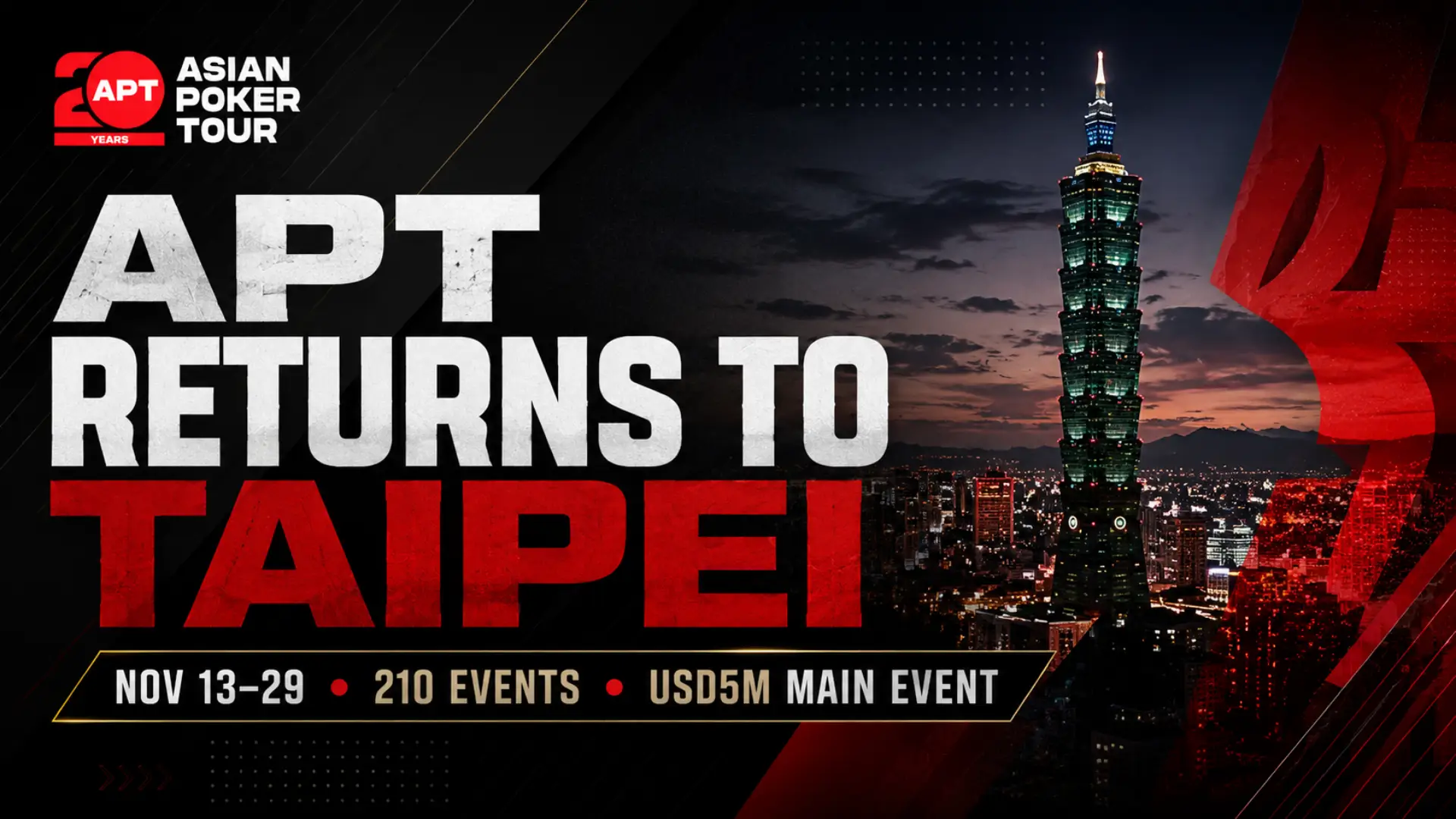 APT Championship 2026 Taipei poker festival cover featuring Taipei 101, Nov 13-29 schedule, 210 events and USD5M guaranteed Main Event