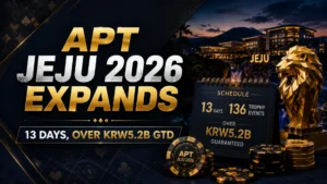 Dark navy and gold poker cover image showing APT Jeju 2026 with 13 days, 136 trophy events, and over KRW5.2B guaranteed
