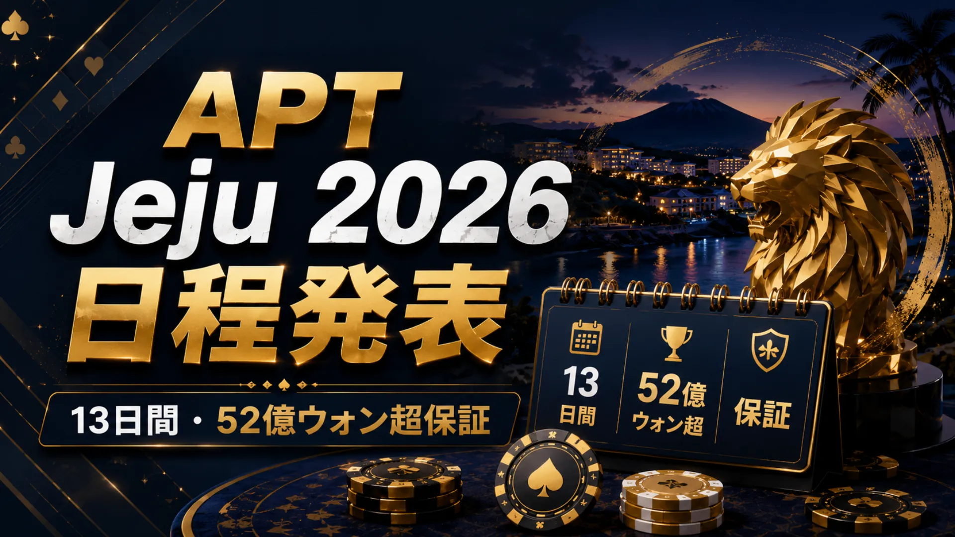APT Jeju 2026を伝える濃紺とゴールド基調のカバー画像、13日間開催と52億ウォン超保証を表示