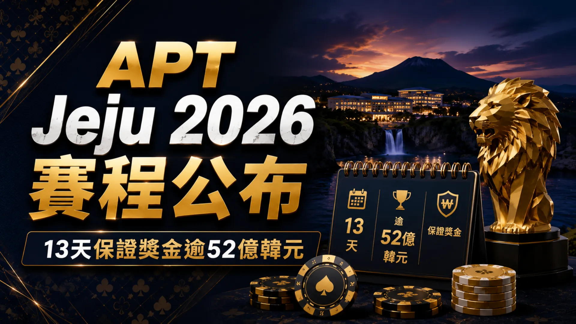 APT Jeju 2026封面圖，以深藍金色撲克籌碼、賽程看板與金色獅子呈現13天賽程與逾52億韓元保證獎金