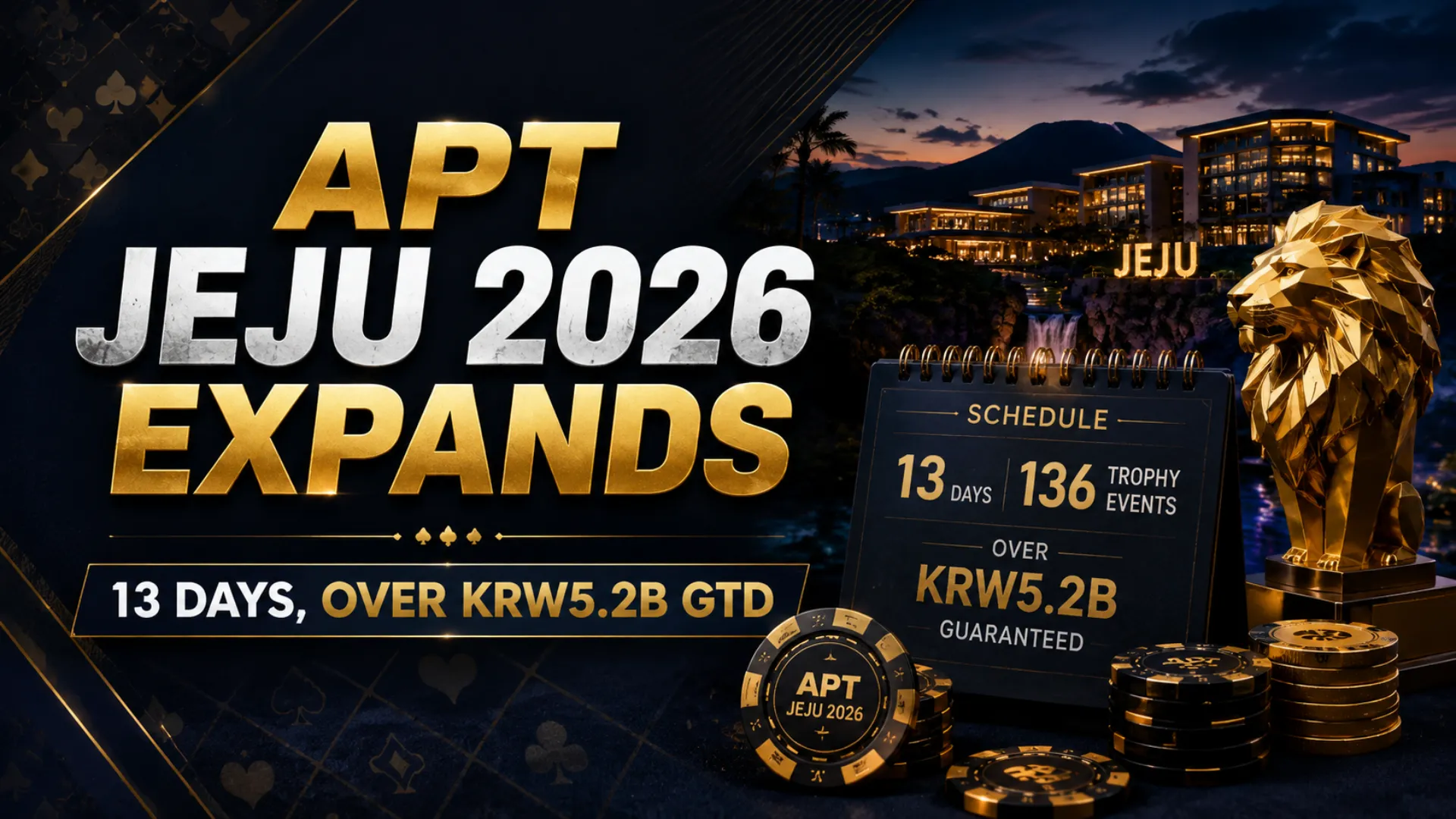 Dark navy and gold poker cover image showing APT Jeju 2026 with 13 days, 136 trophy events, and over KRW5.2B guaranteed