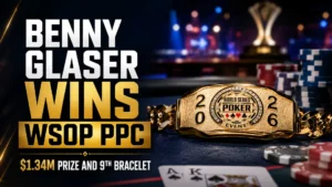 Benny Glaser WSOP PPC cover image with a gold bracelet, poker chips, cards, and winner text for his 2026 Poker Players Championship victory