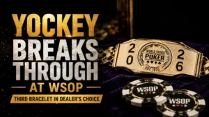 Bryce Yockey WSOP 2026 cover image with a gold WSOP bracelet and poker chips for his $10,000 Dealer’s Choice Championship win and third bracelet.