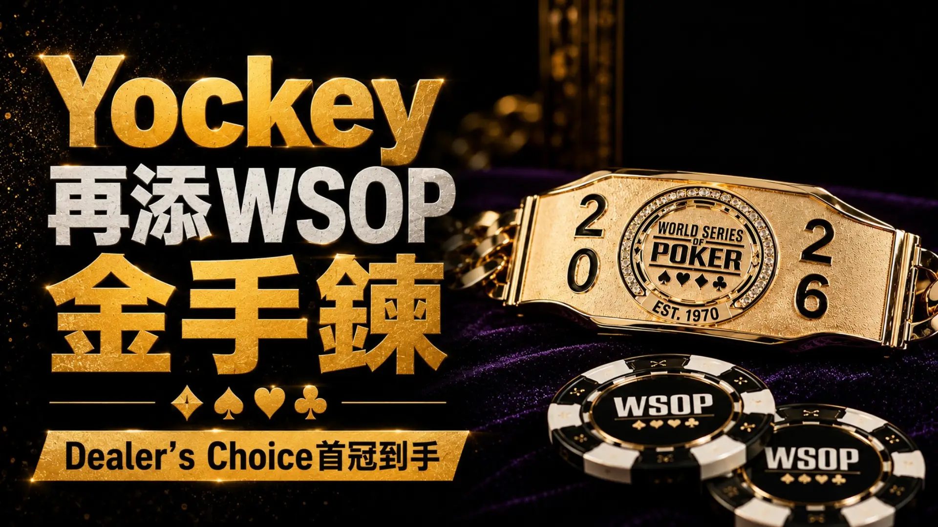 Bryce Yockey WSOP 2026封面圖，金色WSOP金手鍊與撲克籌碼呈現他贏得$10,000 Dealer’s Choice Championship並拿下第3條金手鍊。