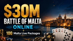 Promotional poker cover image for CoinPoker Battle of Malta Online Series, showing $30M event text, Malta cityscape, poker chips, playing cards, and 100 Malta live packages.