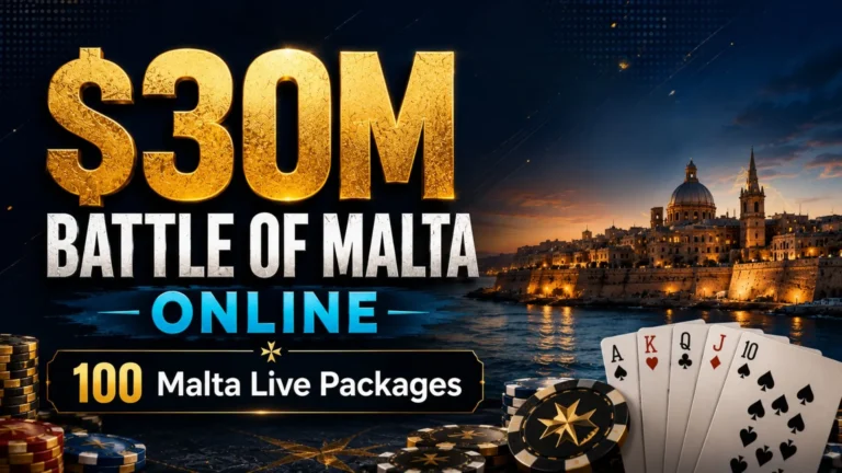 Promotional poker cover image for CoinPoker Battle of Malta Online Series, showing $30M event text, Malta cityscape, poker chips, playing cards, and 100 Malta live packages.