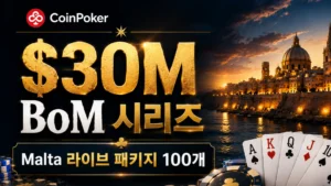 CoinPoker Battle of Malta Online Series를 알리는 커버 이미지로, $30M 이벤트 문구, Malta 도시 배경, 포커 칩, 플레잉 카드, Malta 라이브 패키지 100개가 보인다.
