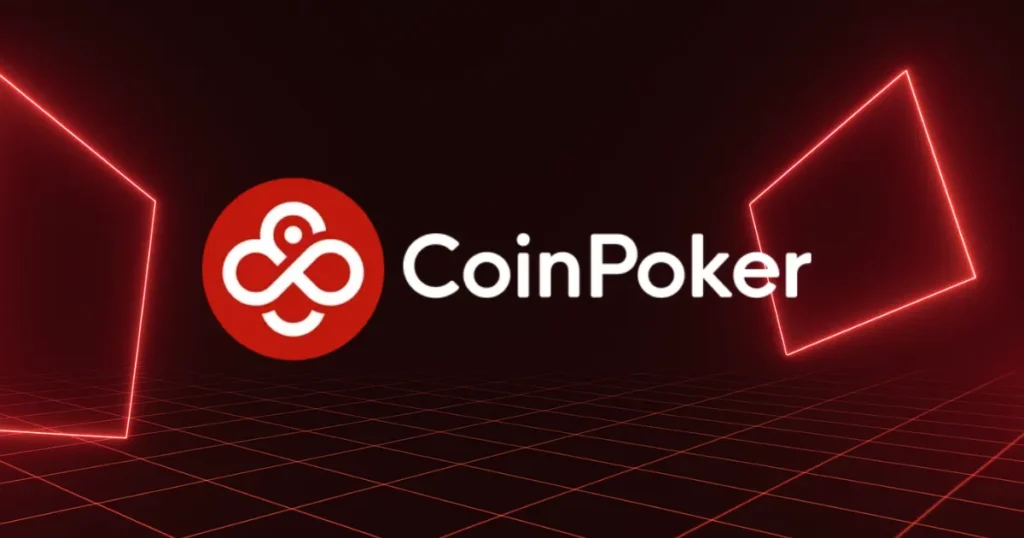 CoinPoker 標誌搭配紅色霓虹網格背景，用於 CoinPoker 評測 2026 與加密撲克平台指南封面