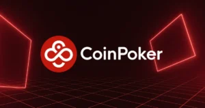 CoinPoker 標誌搭配紅色霓虹網格背景,用於 CoinPoker 評測 2026 與加密撲克平台指南封面