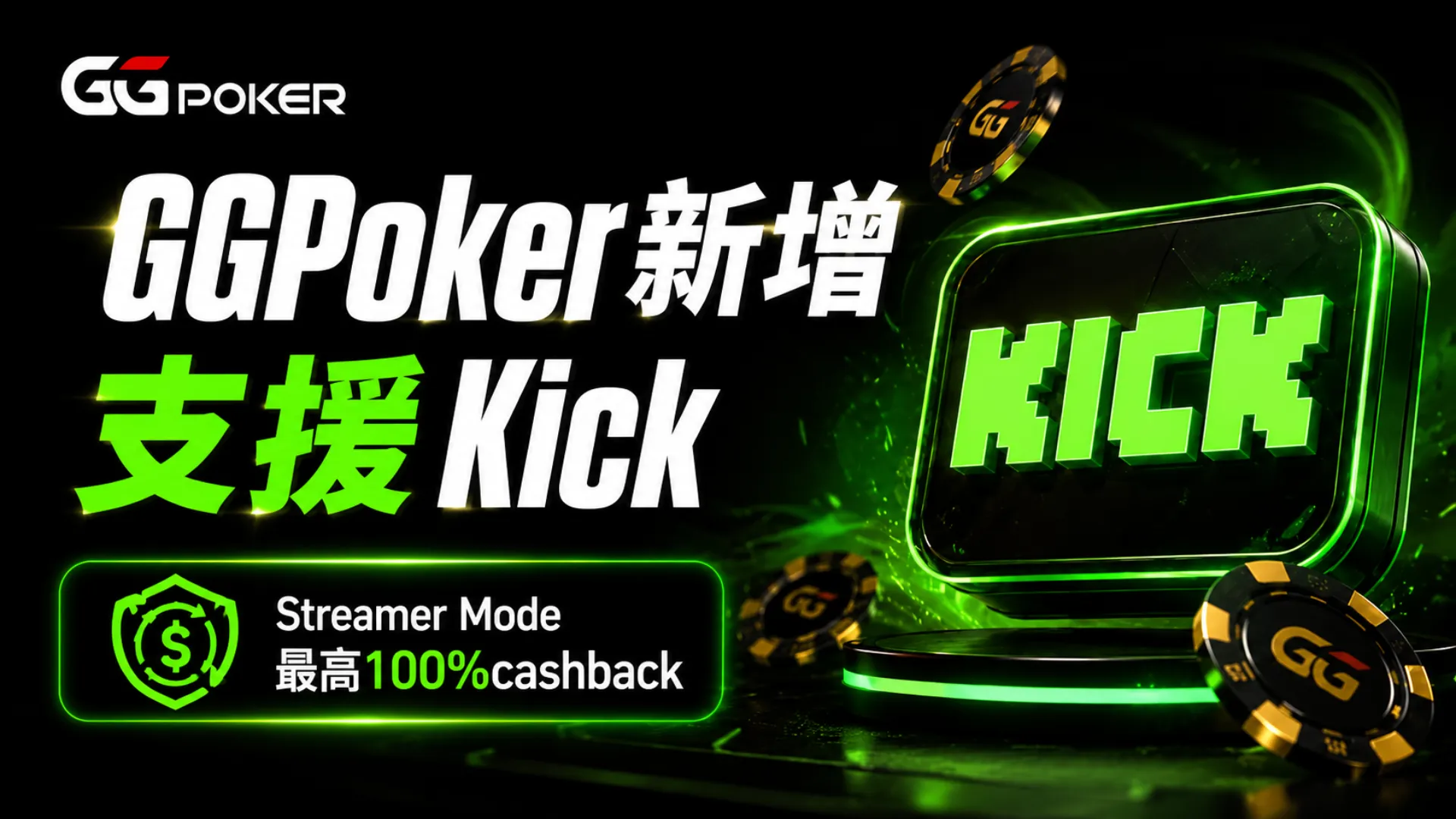 GGPoker Streamer Mode新增支援Kick封面圖，以霓虹綠Kick字樣、撲克籌碼與最高100shback訊息呈現