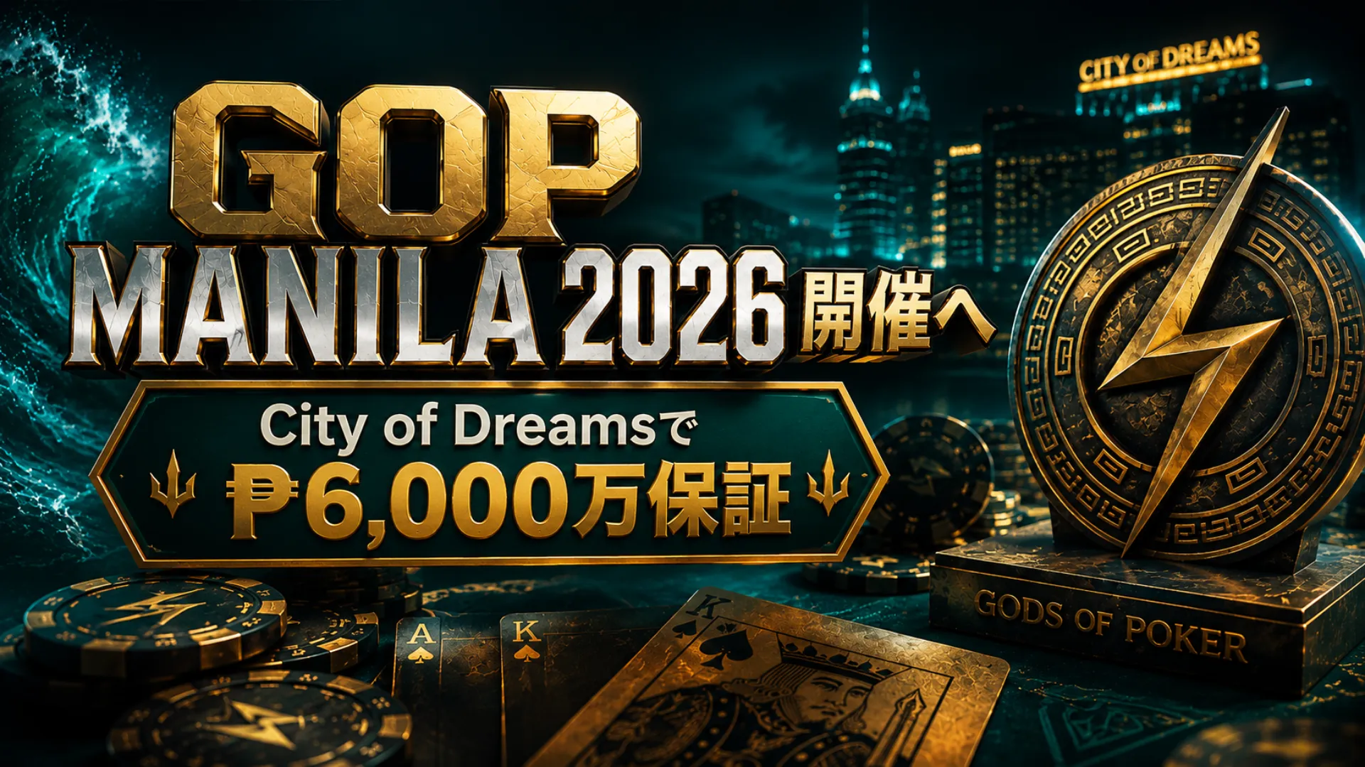 GOP Manila 2026のカバー画像。City of Dreams Manilaで開催されるポーカーフェスティバル、₱6,000万保証、金色の大会タイトル、チップ、カード、トロフィー風エンブレムを表示