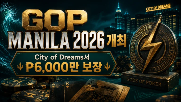 GOP Manila 2026 커버 이미지, City of Dreams Manila 포커 페스티벌과 ₱6,000만 보장, 골드 대회 타이틀, 포커 칩, 카드, 트로피 엠블럼을 표현