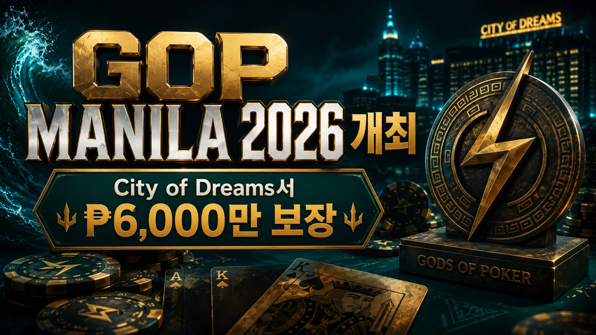 GOP Manila 2026 커버 이미지, City of Dreams Manila 포커 페스티벌과 ₱6,000만 보장, 골드 대회 타이틀, 포커 칩, 카드, 트로피 엠블럼을 표현