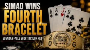 Joao Simao wins fourth WSOP bracelet in $50K PLO High Roller cover image with gold bracelet and poker cards