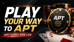 Promotional image for JOPT Games launch featuring APT poker chip, playing cards, and online qualification pathway to APT and WSOP events