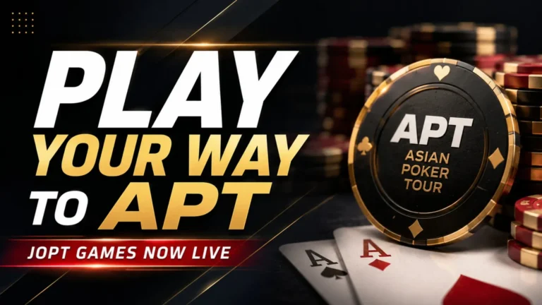 Promotional image for JOPT Games launch featuring APT poker chip, playing cards, and online qualification pathway to APT and WSOP events