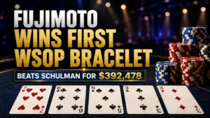 PokerOffer cover image for Koji Fujimoto’s first WSOP bracelet win, showing poker chips and a 7-6-5-3-3 card spread after his $392,478 victory