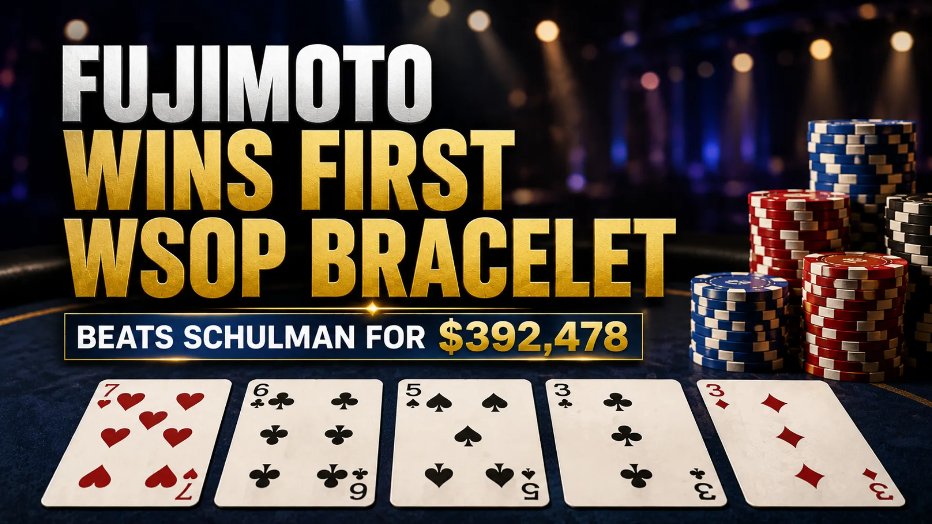 PokerOffer cover image for Koji Fujimoto’s first WSOP bracelet win, showing poker chips and a 7-6-5-3-3 card spread after his $392,478 victory