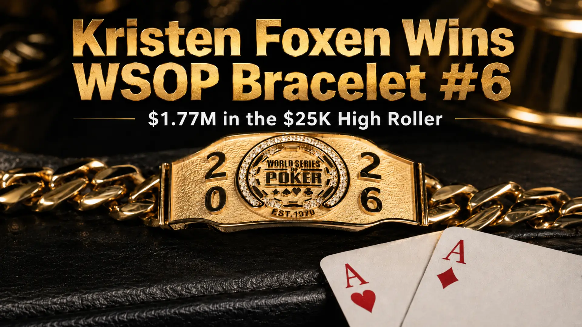 Gold WSOP bracelet cover image for Kristen Foxen winning her sixth bracelet in the 2026 WSOP $25K High Roller, with ace of hearts and ace of diamonds cards.