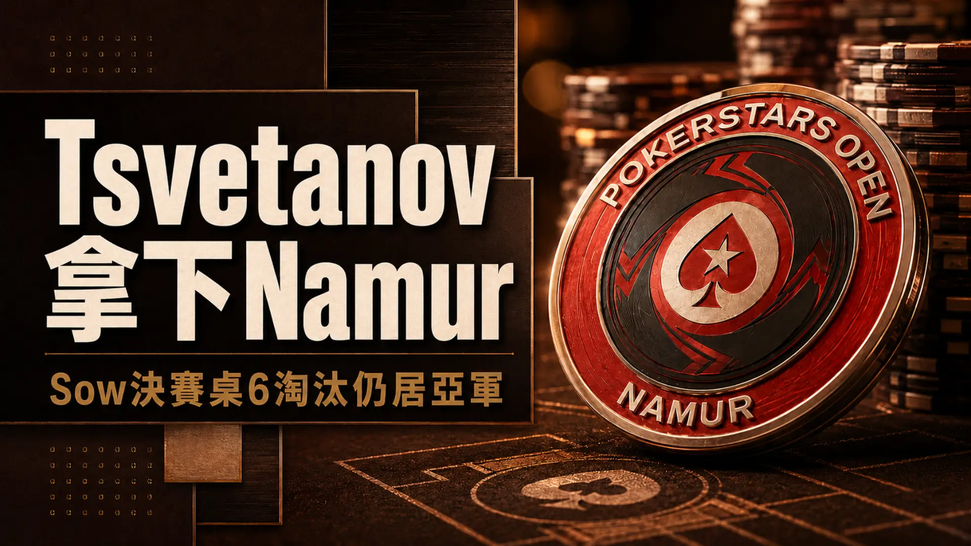 咖色與銅色系撲克封面圖，畫面呈現PokerStars Open Namur籌碼與Martin Tsvetanov拿下Namur Super High Roller、Kalidou Sow決賽桌6次淘汰的報導標題