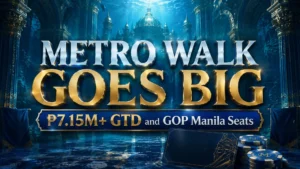 Metro Walk to a Million 2026 cover image with underwater blue palace theme, poker chips, GOP Manila seat card, and ₱7.15M+ GTD headline