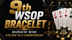 Black and gold poker cover image showing Michael Mizrachi WSOP news with J♥, 10♦, 7♥, 6♠ cards and poker chips