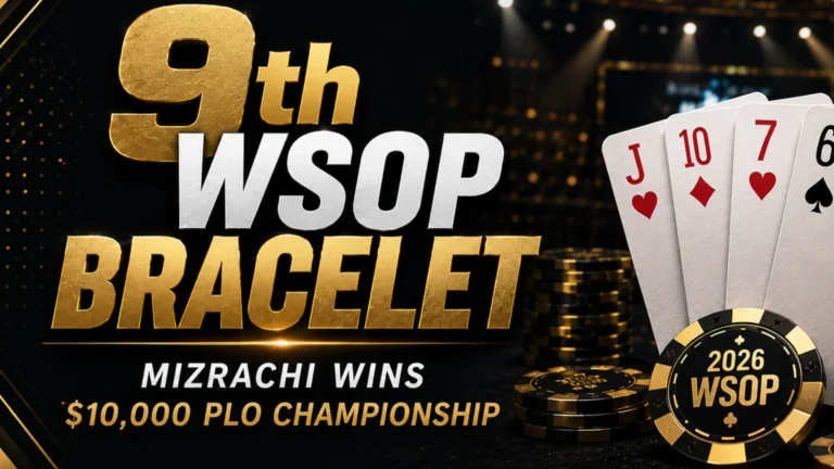 Black and gold poker cover image showing Michael Mizrachi WSOP news with J♥, 10♦, 7♥, 6♠ cards and poker chips