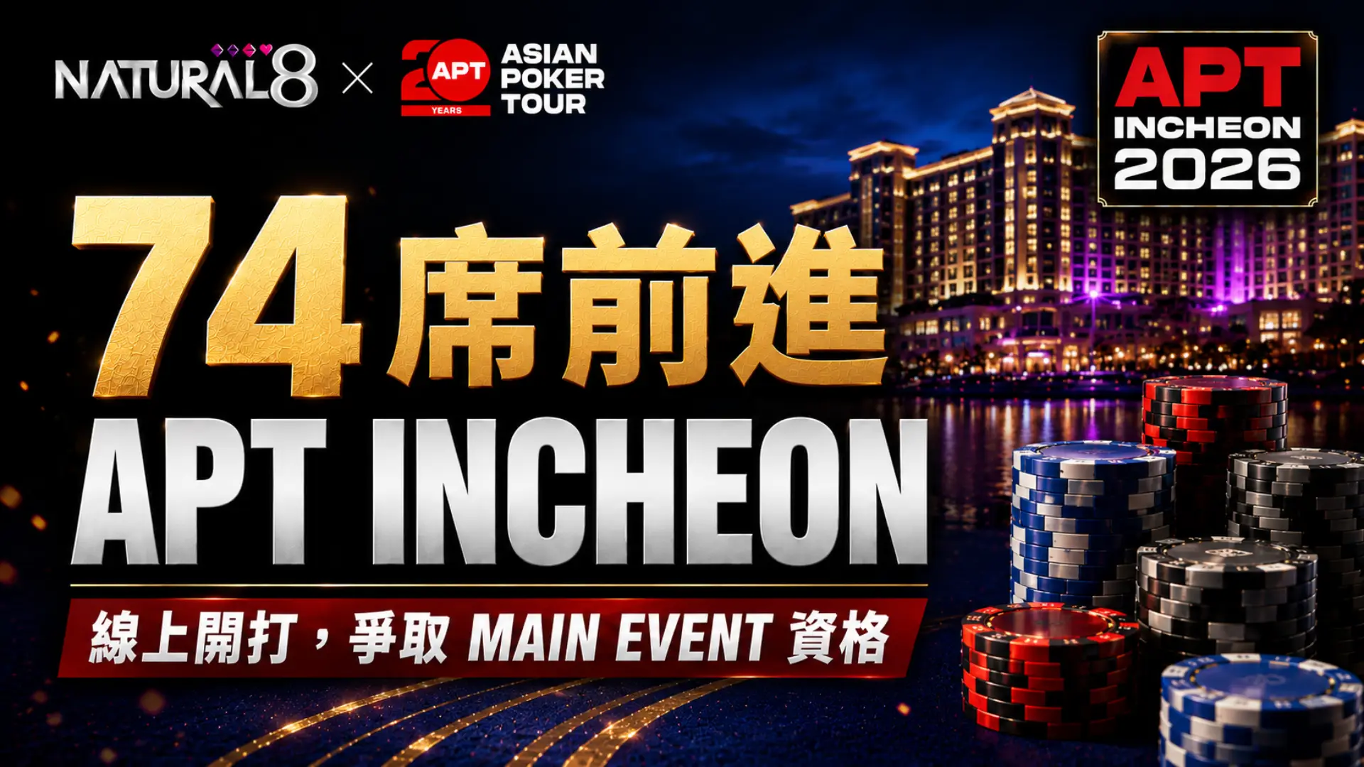 Natural8 APT Incheon 2026 封面圖，主打74席 Main Event 資格、OnLive Day 1 線上資格賽、籌碼與 casino 夜景