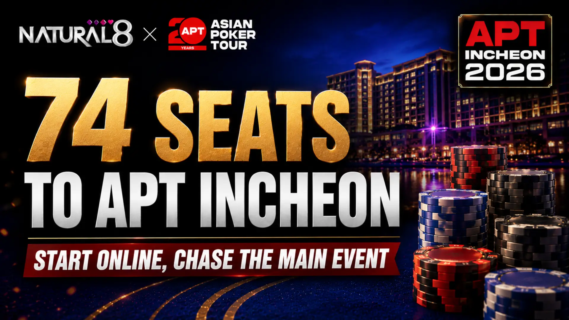 Natural8 APT Incheon 2026 cover featuring 74 Main Event seats, OnLive Day 1 qualifiers, poker chips and a casino skyline