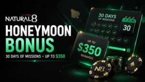 Premium promotional cover for the Natural8 Honeymoon Bonus featuring a 30-day mission calendar, reward card showing up to $350, and poker chips.