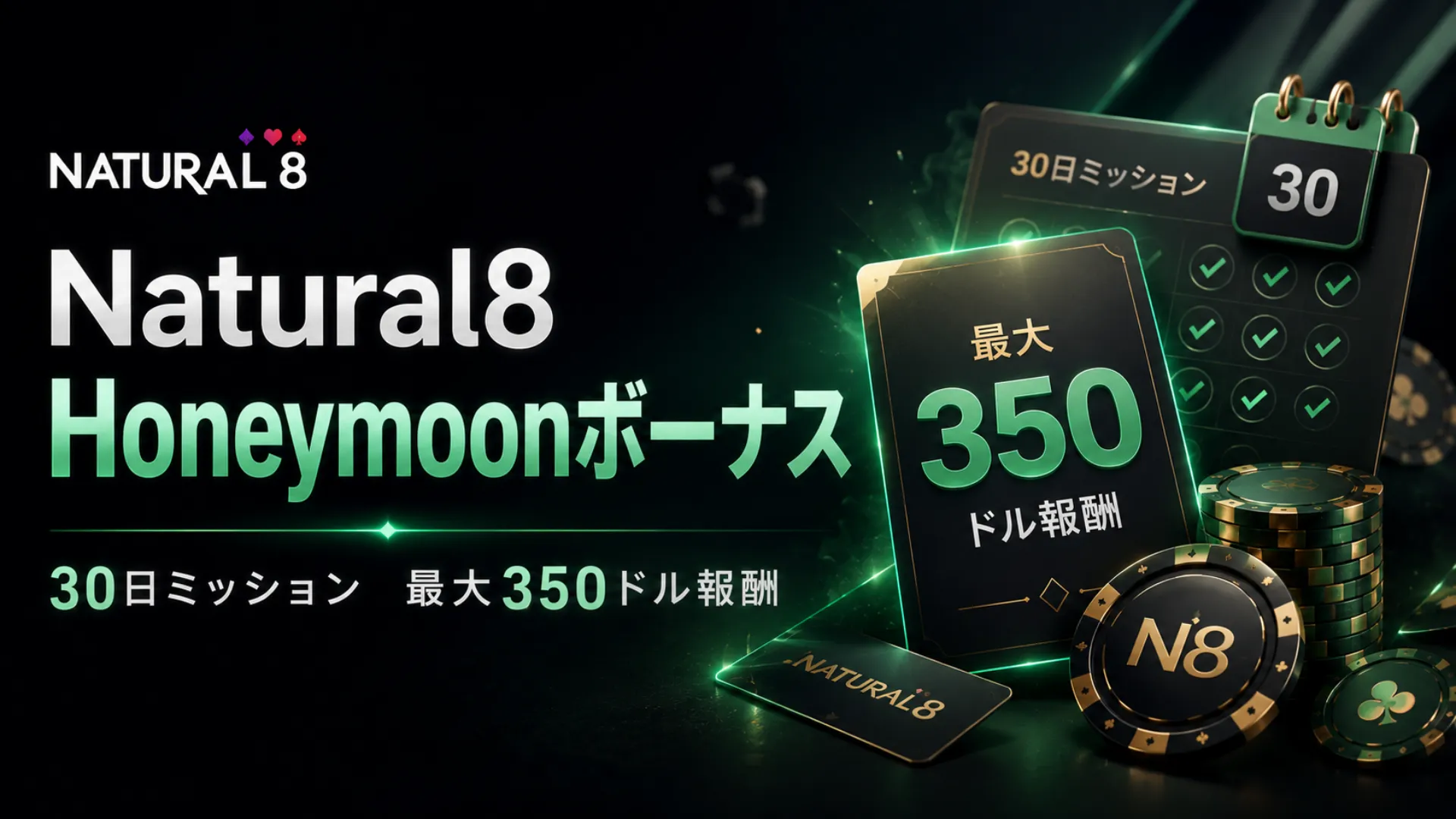 Natural8 Honeymoonボーナスのカバー画像。30日間ミッション、最大350ドル報酬カード、ポーカーチップをデザイン。